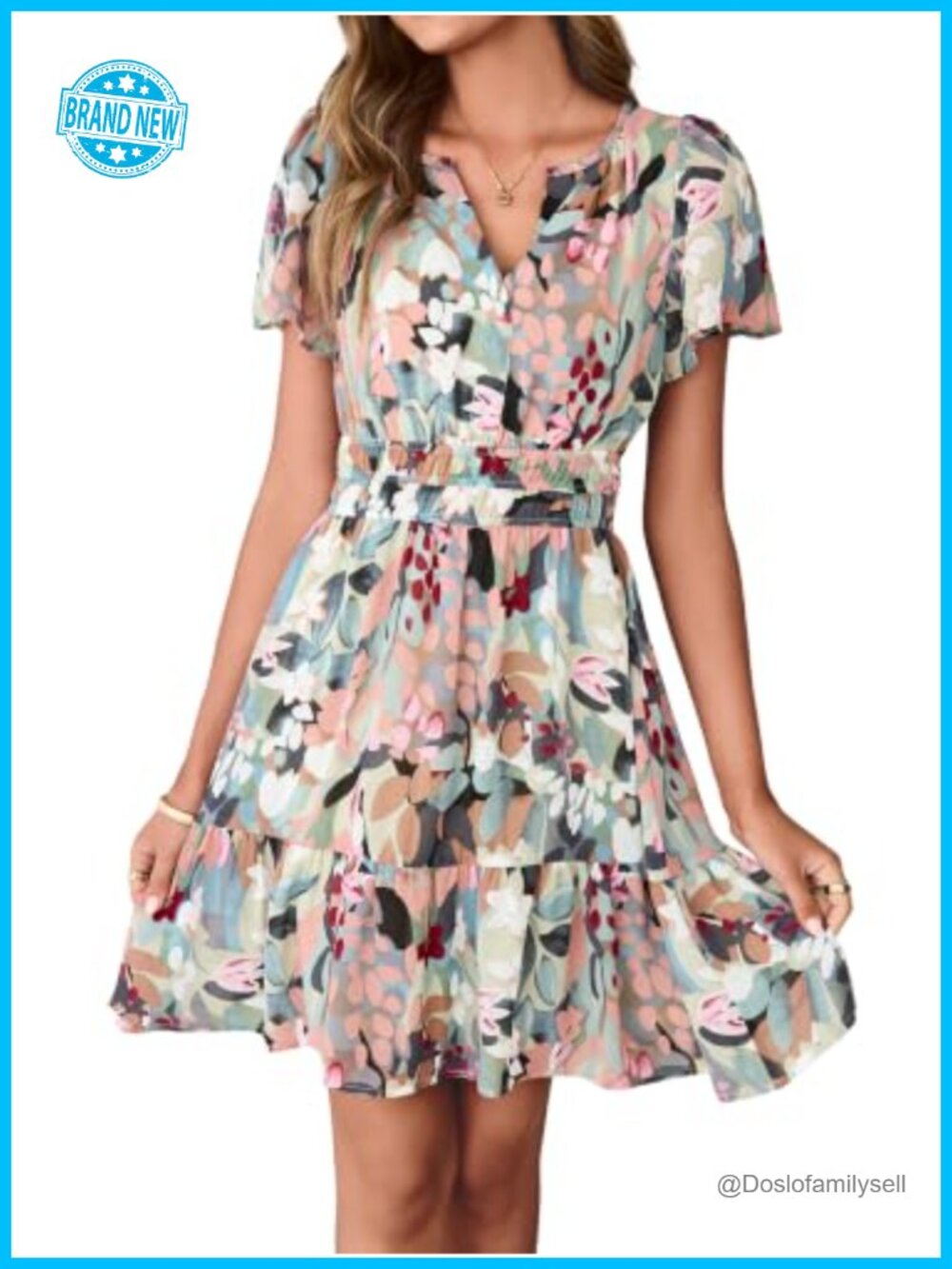 Floral Chiffon A-Line Mini Dress V-Neck Short Sleeve Boho Casual